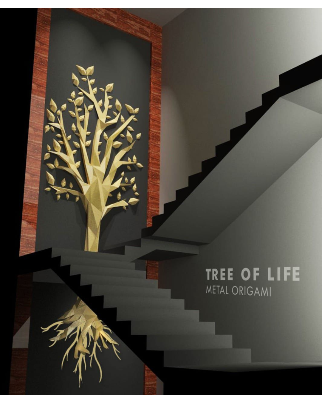 3D wall artwork of a golden tree on a dark wall next to a staircase